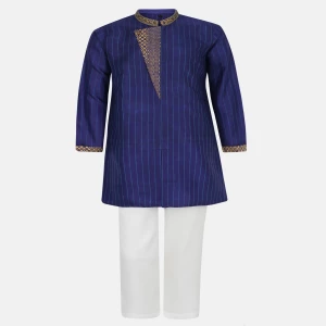 Blue Striped and Printed Silk Panjabi Pajama Set